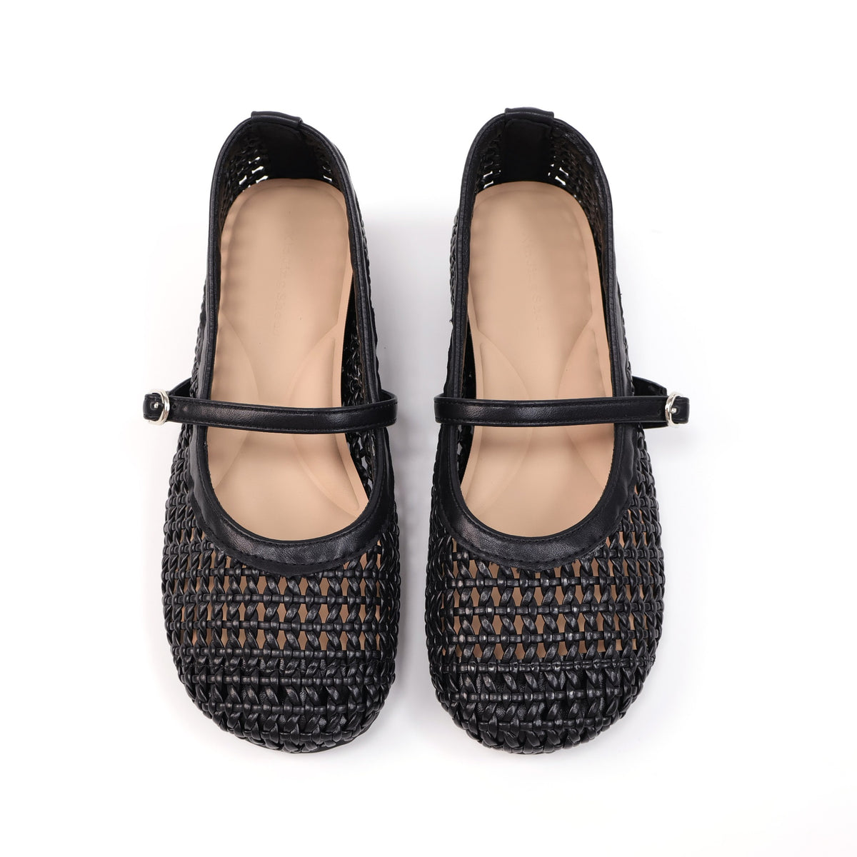 Black round-toe woven hidden-wedge Mary Jane flats