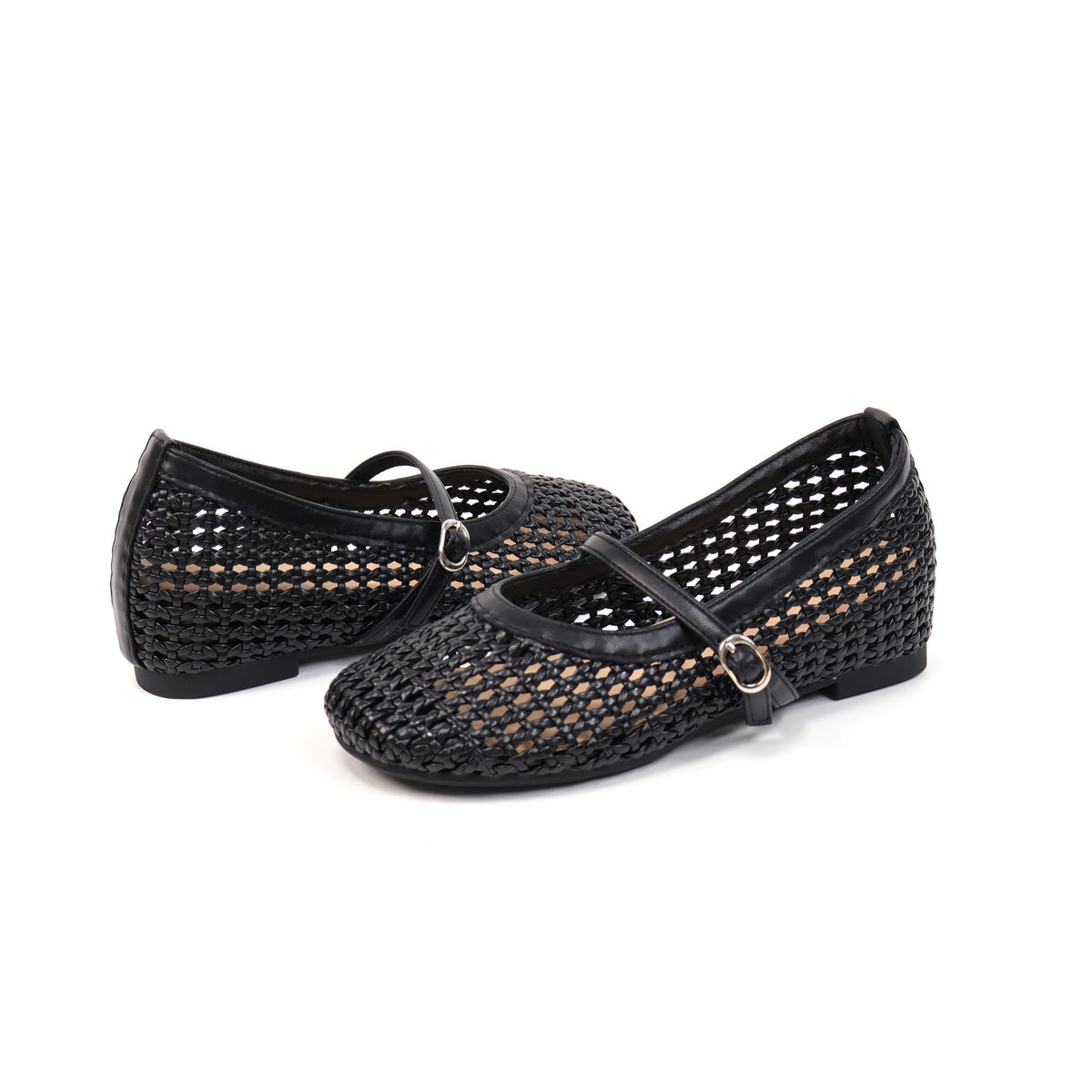Black round-toe woven hidden-wedge Mary Jane flats