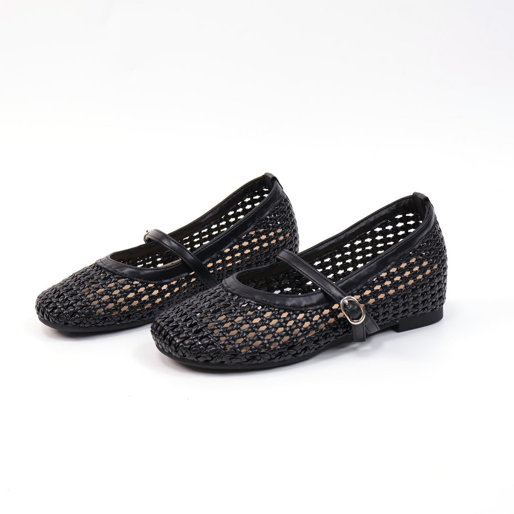 Black round-toe woven hidden-wedge Mary Jane flats
