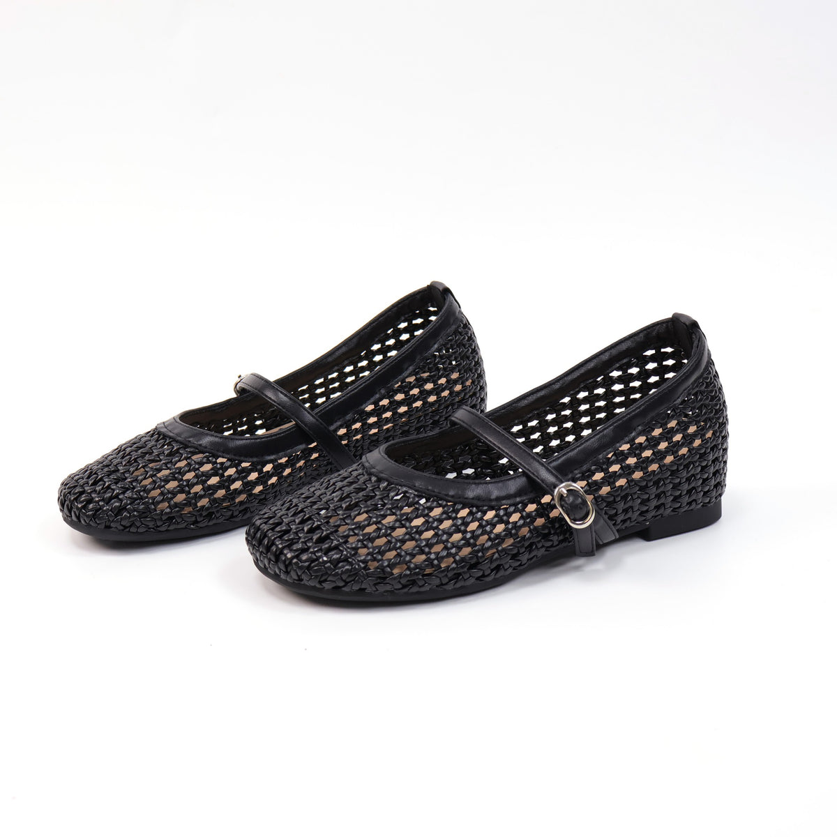 Black round-toe woven hidden-wedge Mary Jane flats