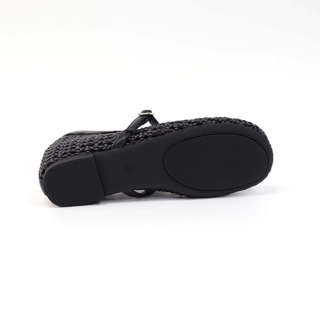 Black round-toe woven hidden-wedge Mary Jane flats