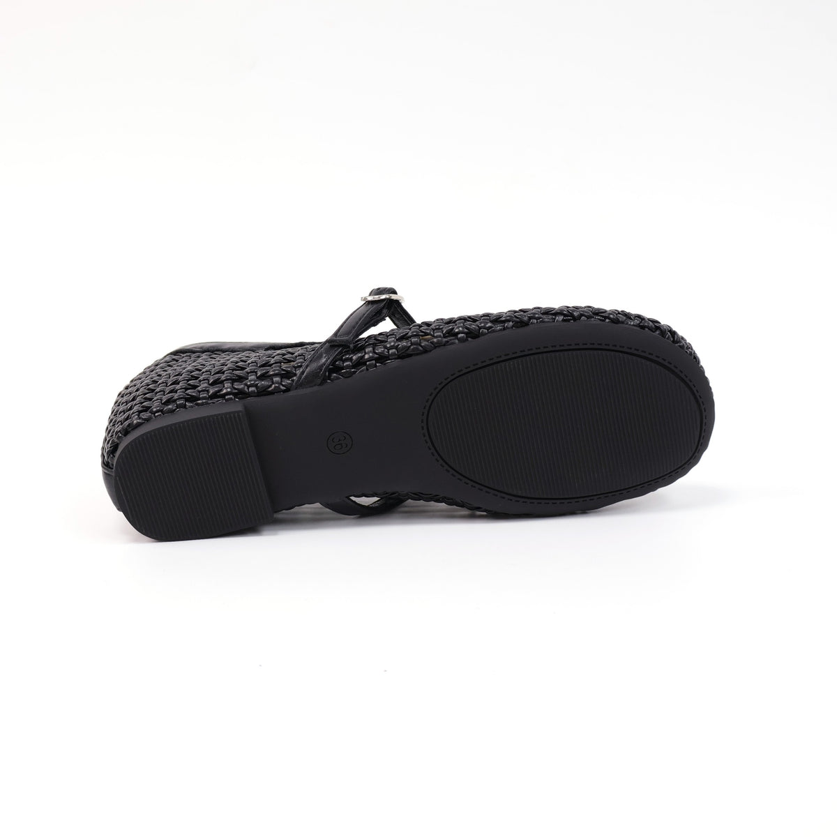 Black round-toe woven hidden-wedge Mary Jane flats