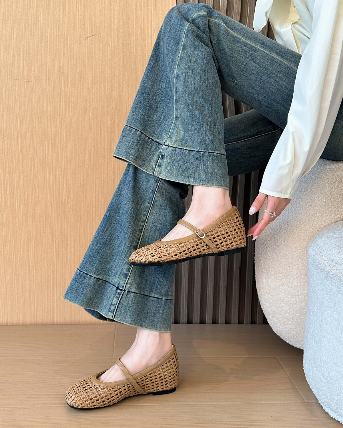 Camel round-toe woven hidden-wedge Mary Jane flats on foot