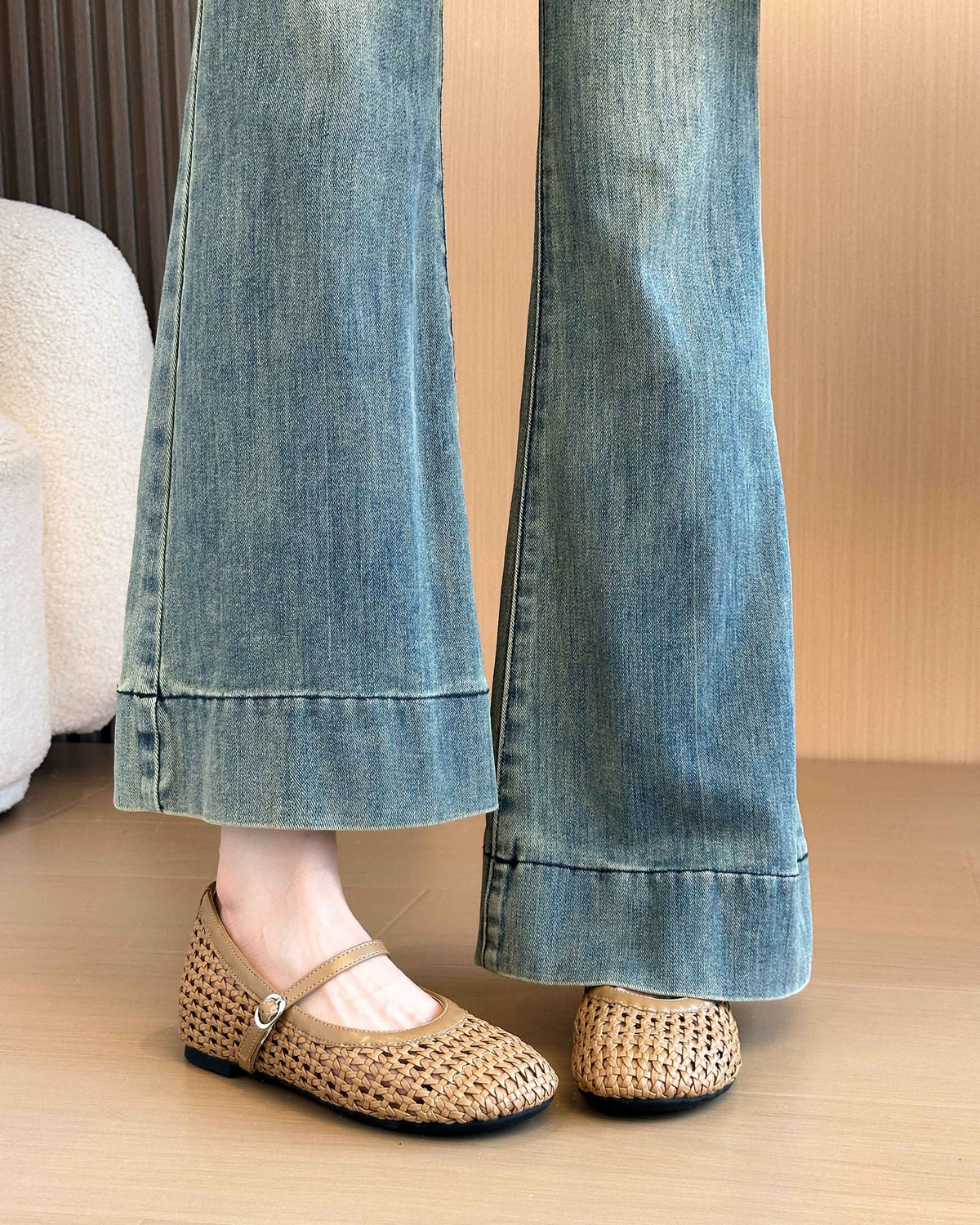 Camel round-toe woven hidden-wedge Mary Jane flats on foot