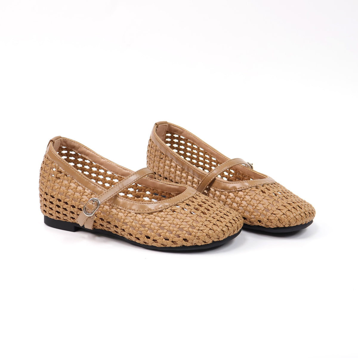 Camel round-toe woven hidden-wedge Mary Jane flats