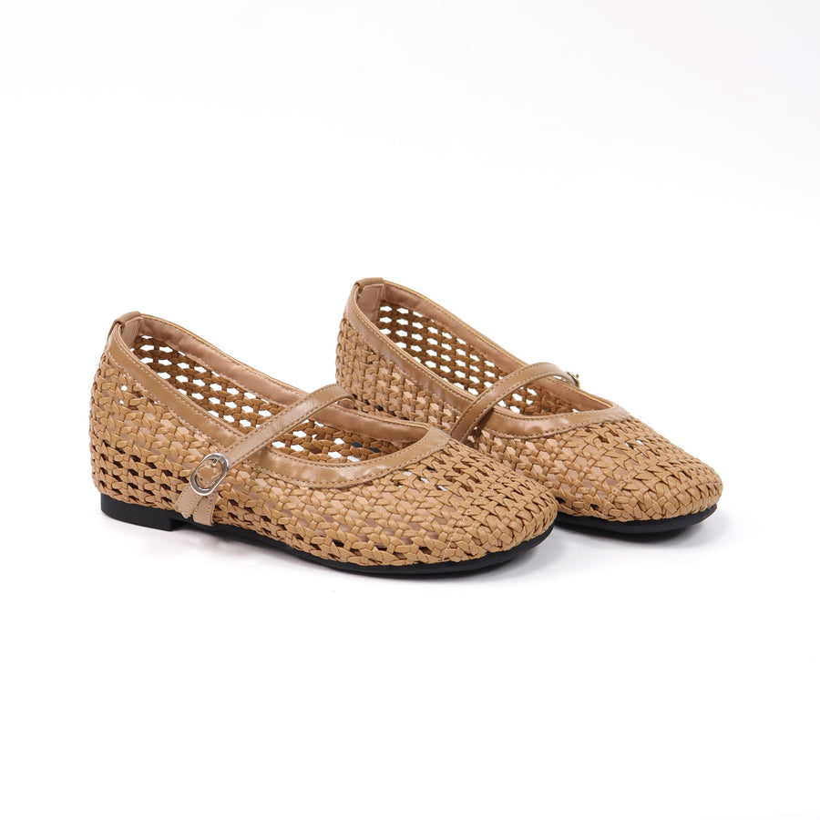 Camel round-toe woven hidden-wedge Mary Jane flats
