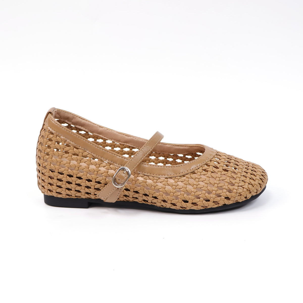 Camel round-toe woven hidden-wedge Mary Jane flats