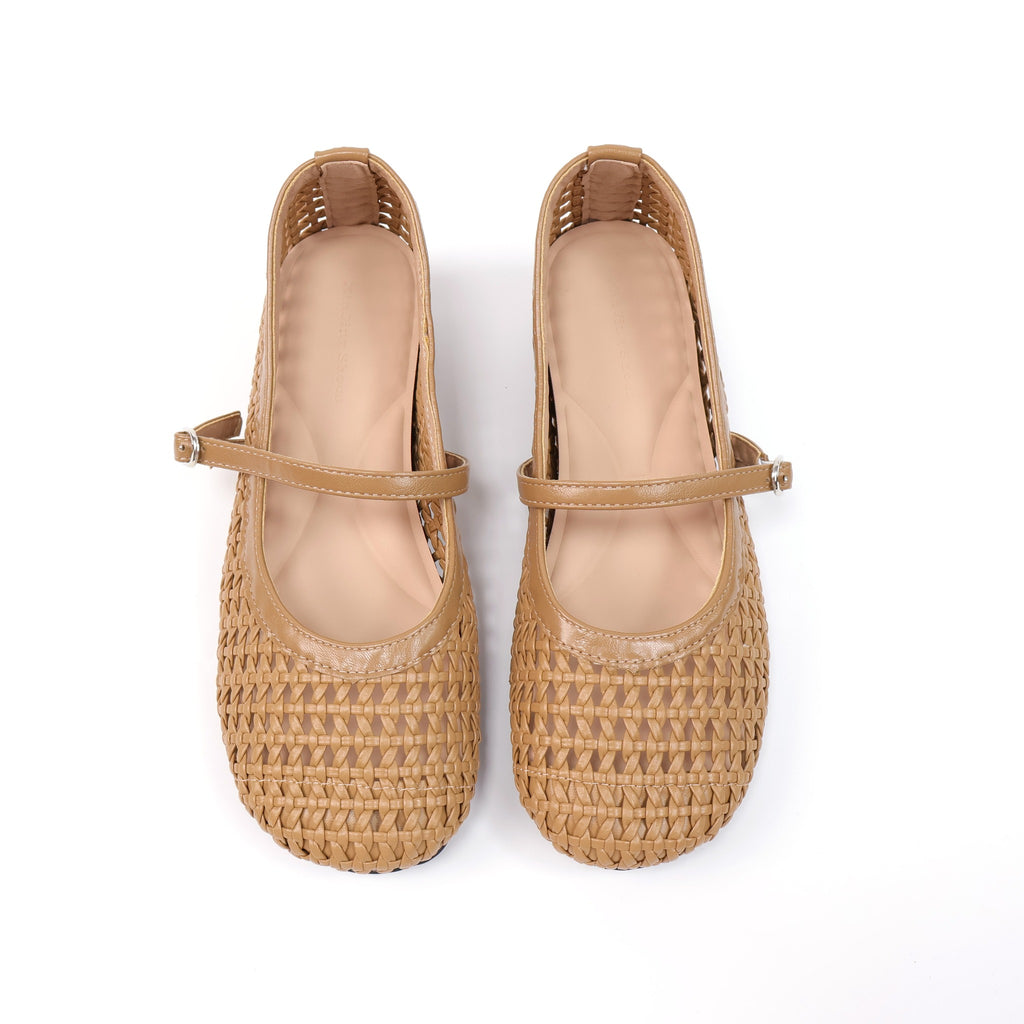 Camel round-toe woven hidden-wedge Mary Jane flats