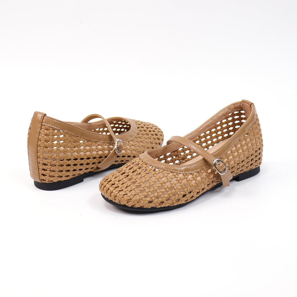 Camel round-toe woven hidden-wedge Mary Jane flats