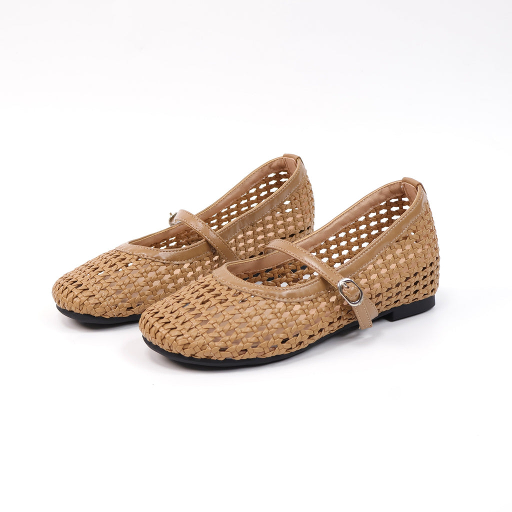 Camel round-toe woven hidden-wedge Mary Jane flats