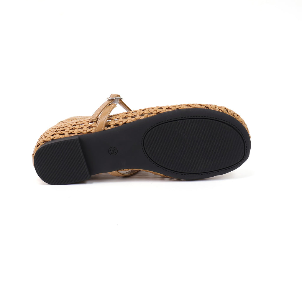 Camel round-toe woven hidden-wedge Mary Jane flats