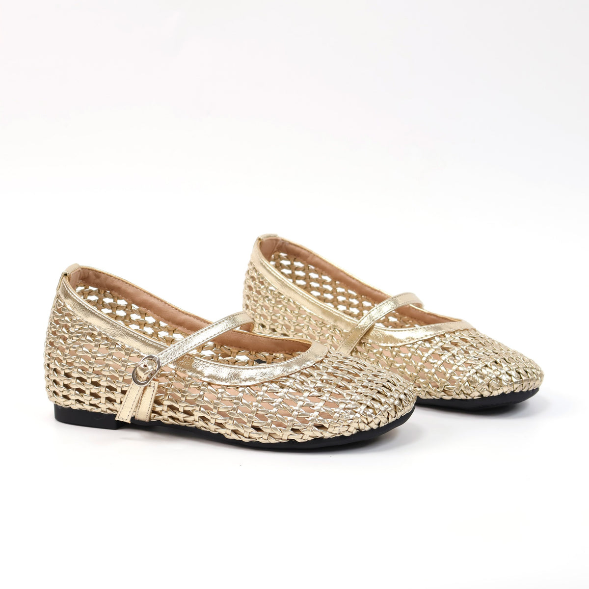 Gold round-toe woven hidden-wedge Mary Jane flats
