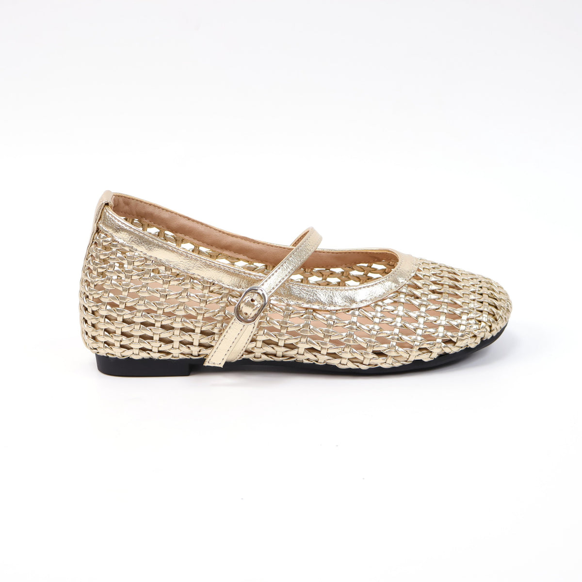 Gold round-toe woven hidden-wedge Mary Jane flats