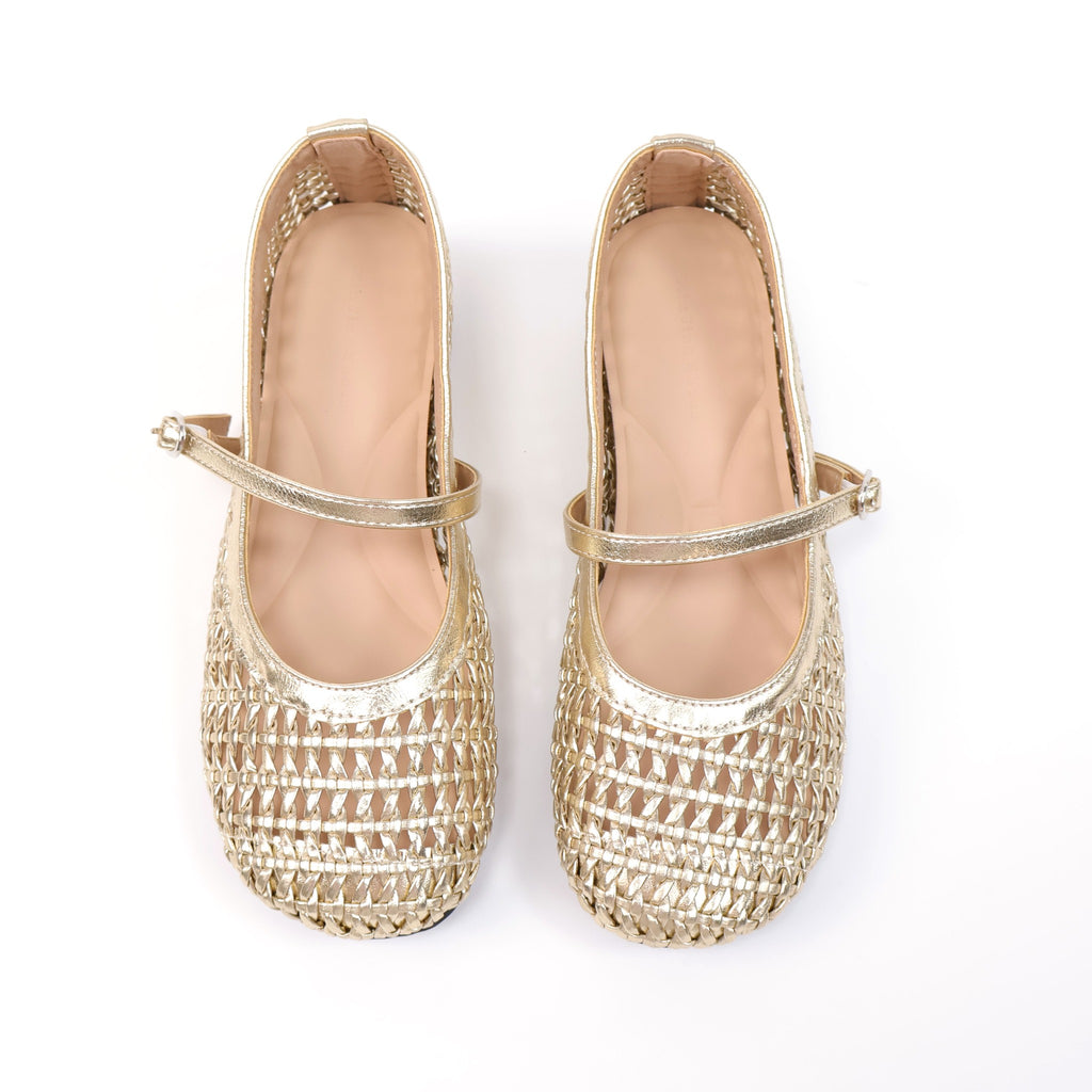 Gold round-toe woven hidden-wedge Mary Jane flats