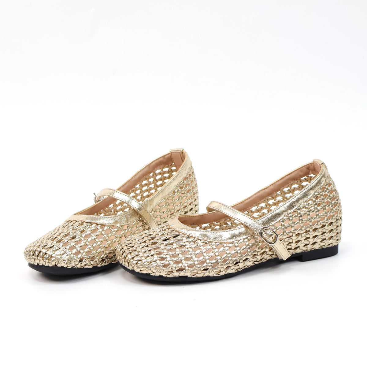 Gold round-toe woven hidden-wedge Mary Jane flats