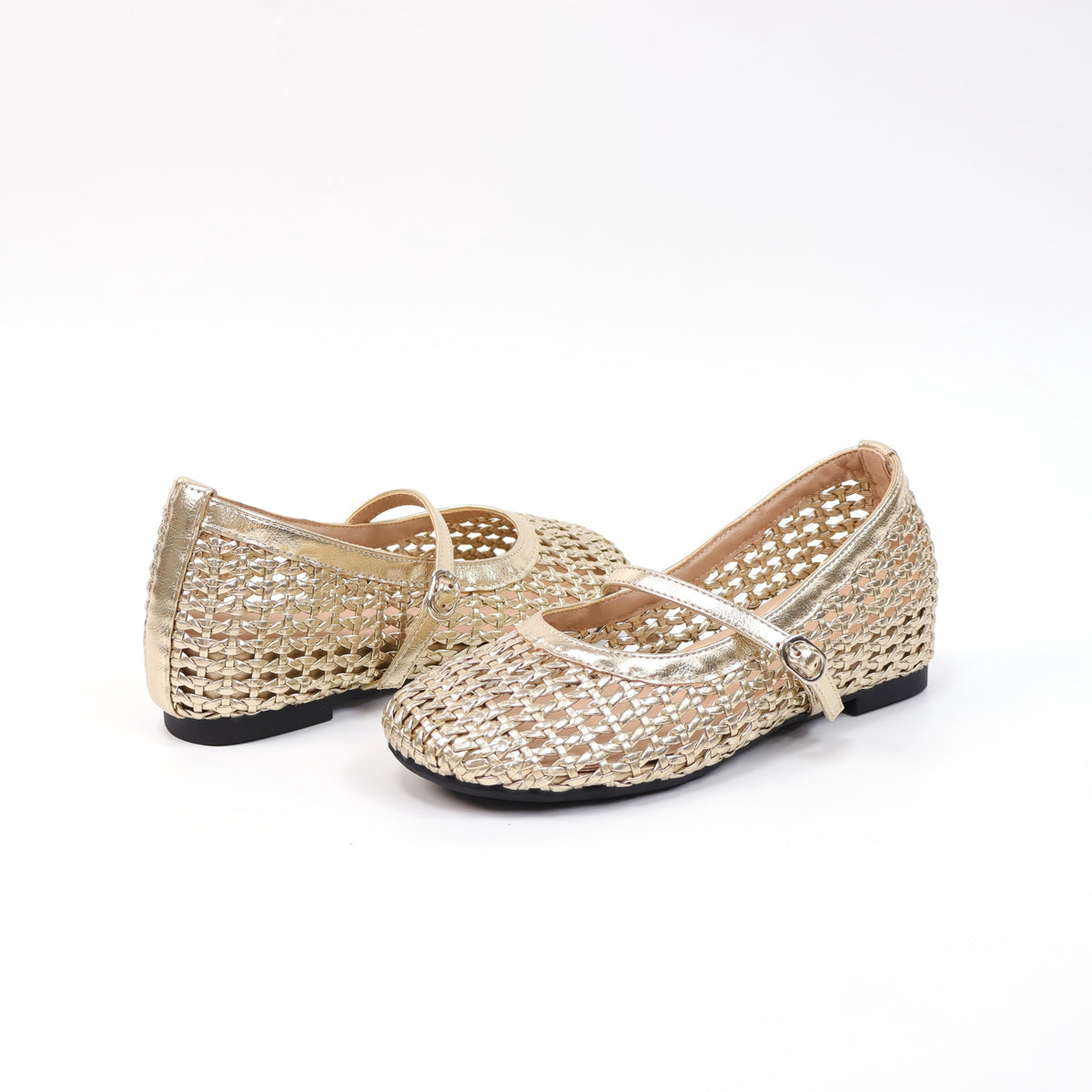 Gold round-toe woven hidden-wedge Mary Jane flats
