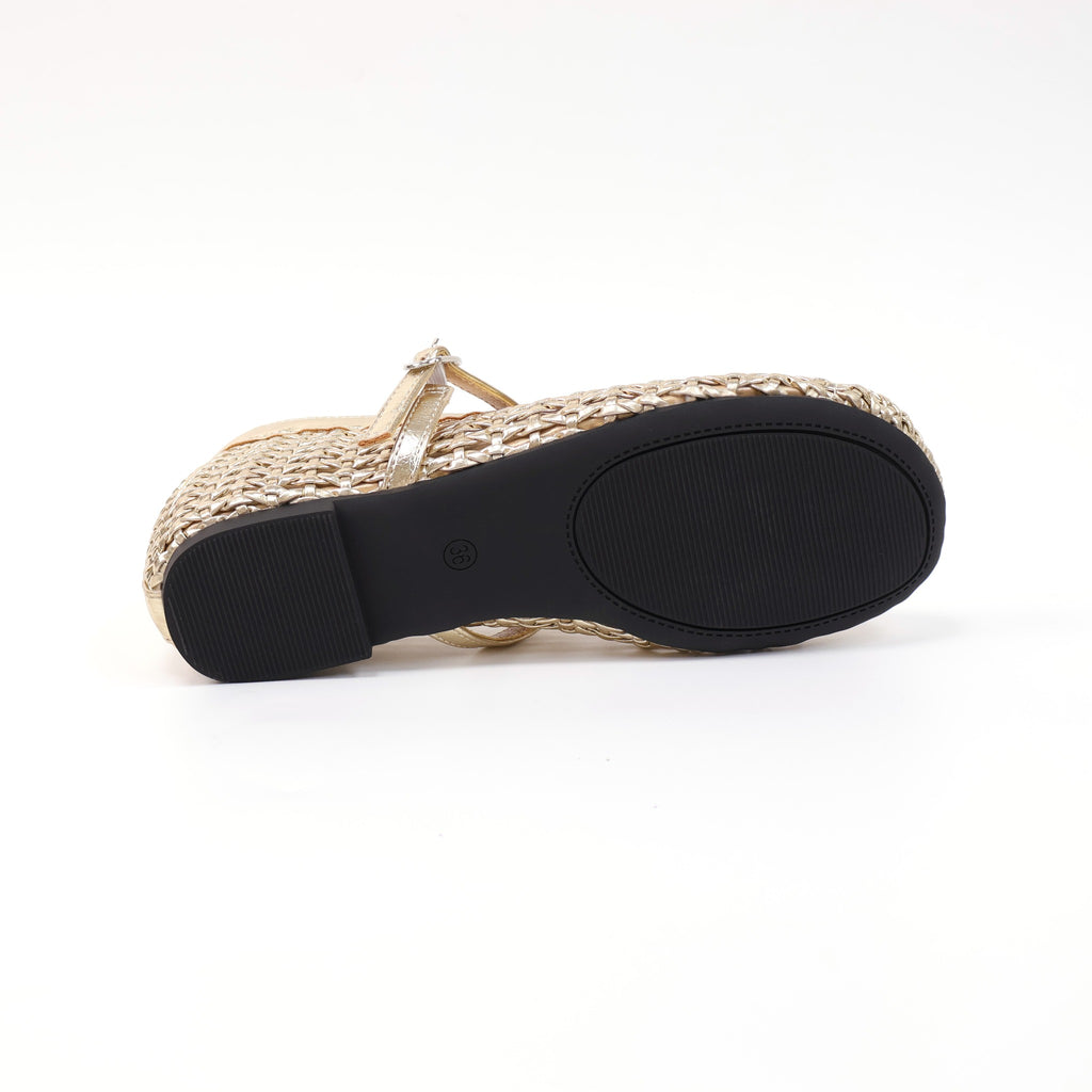 Gold round-toe woven hidden-wedge Mary Jane flats
