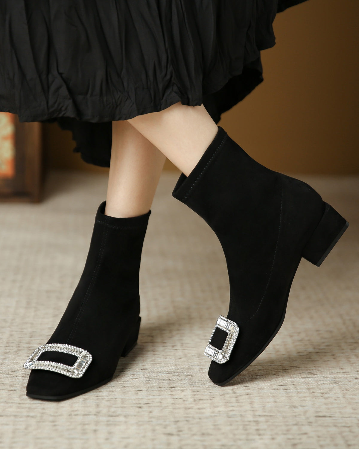 Square-toe rhinestone buckle black ankle boots - on foot 1
