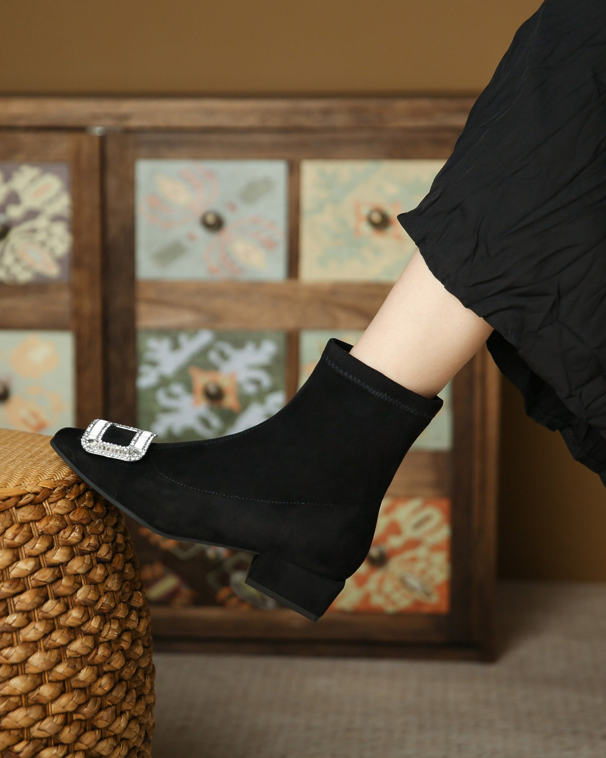 Square-toe rhinestone buckle black ankle boots - on foot 2
