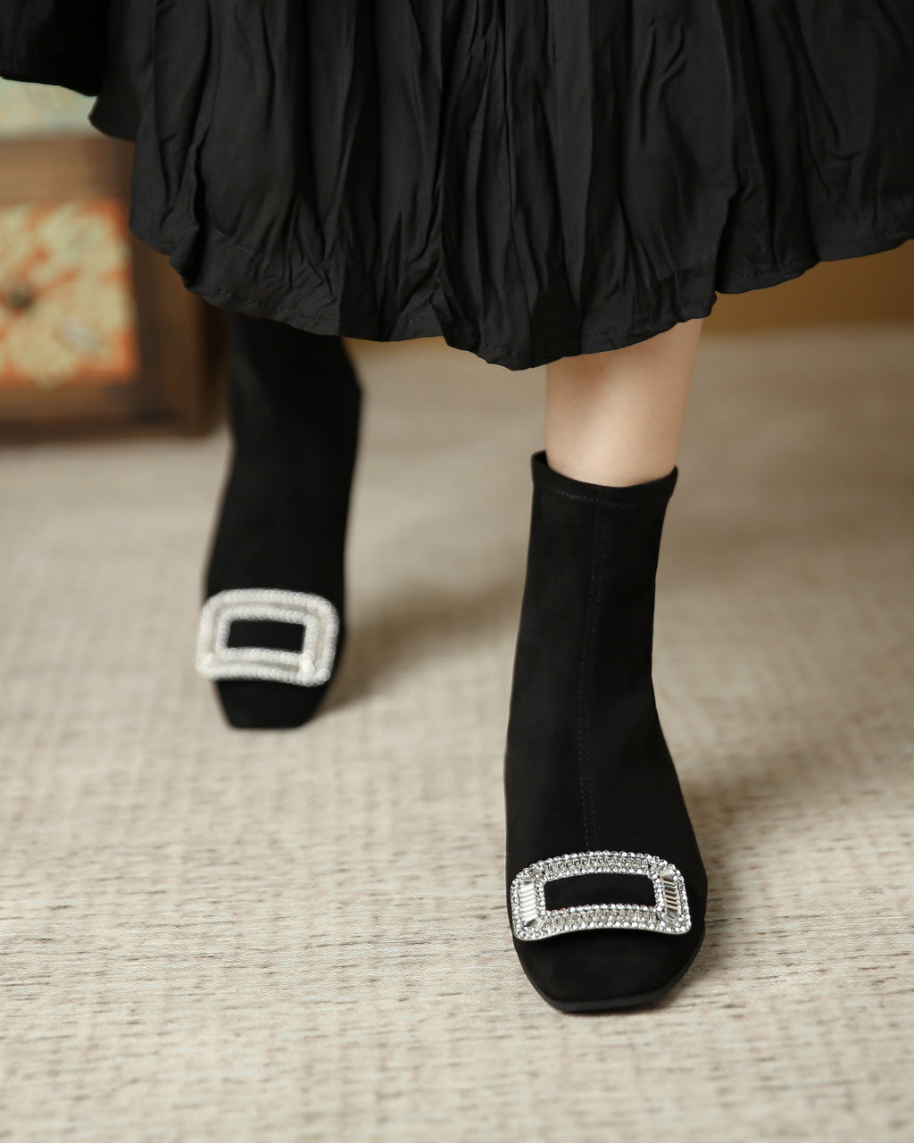 Square-toe rhinestone buckle black ankle boots - on foot 3