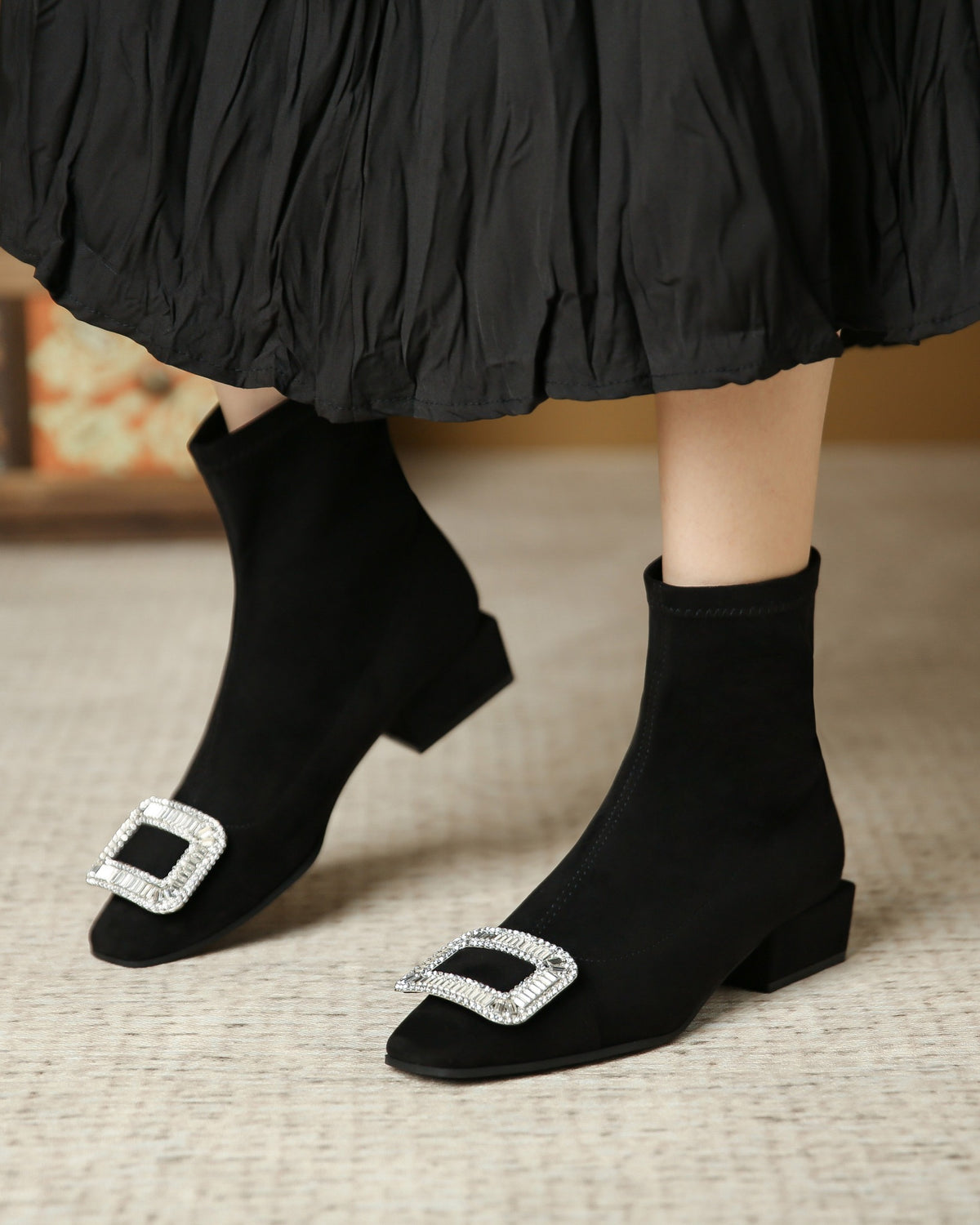 Square-toe rhinestone buckle black ankle boots - on foot 4