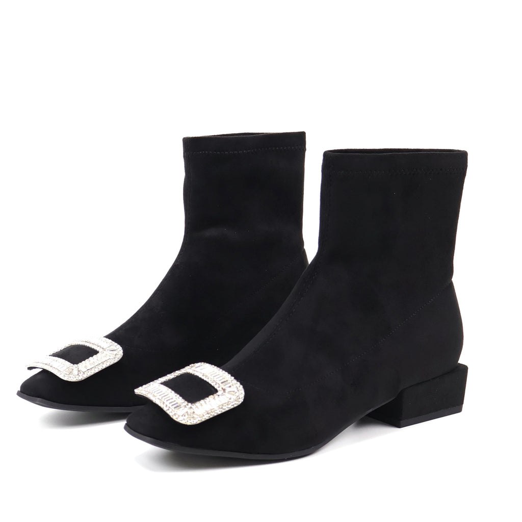 Square-toe rhinestone buckle black ankle boots - product view 1