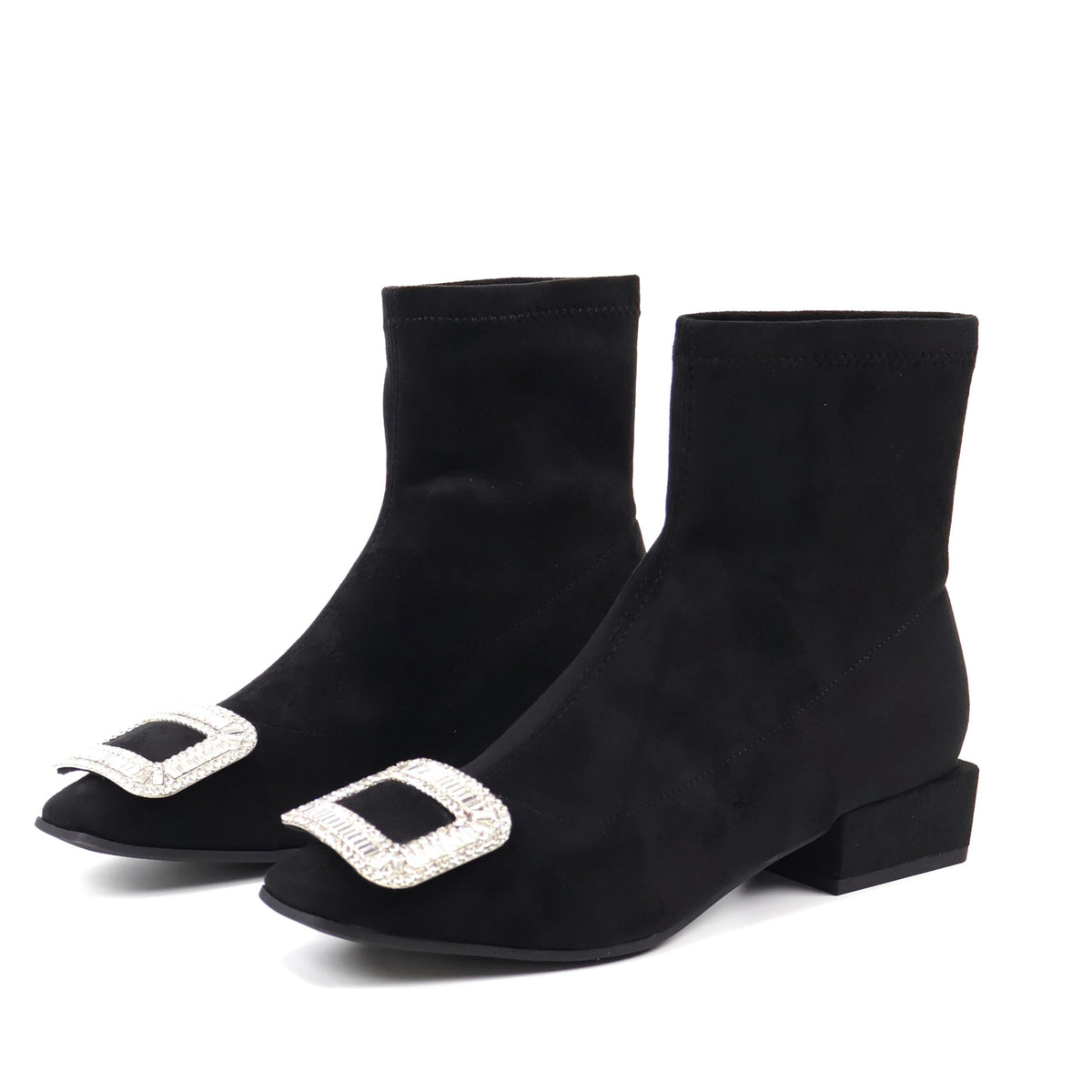 Square-toe rhinestone buckle black ankle boots - product view 1