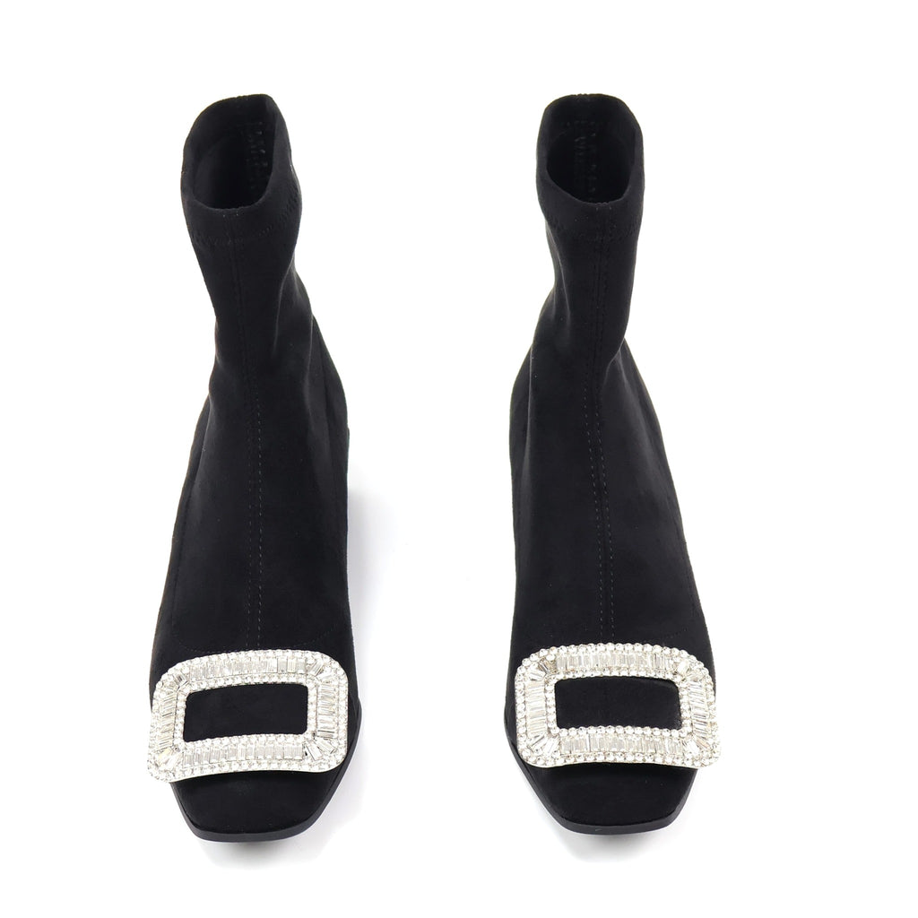 Square-toe rhinestone buckle black ankle boots - product view 2