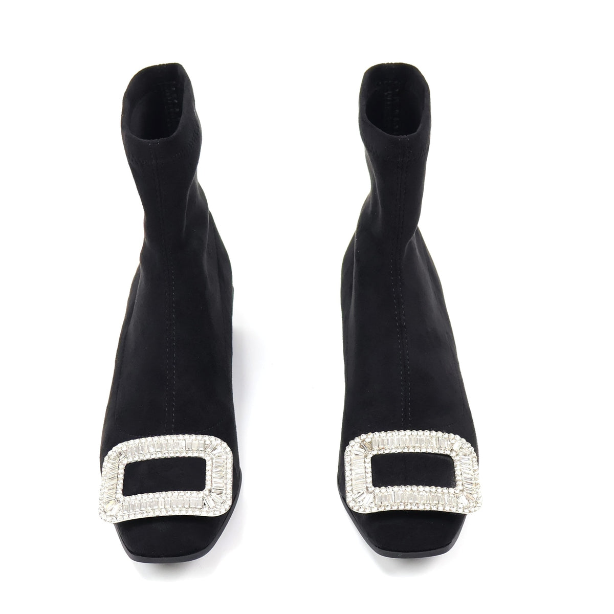Square-toe rhinestone buckle black ankle boots - product view 2