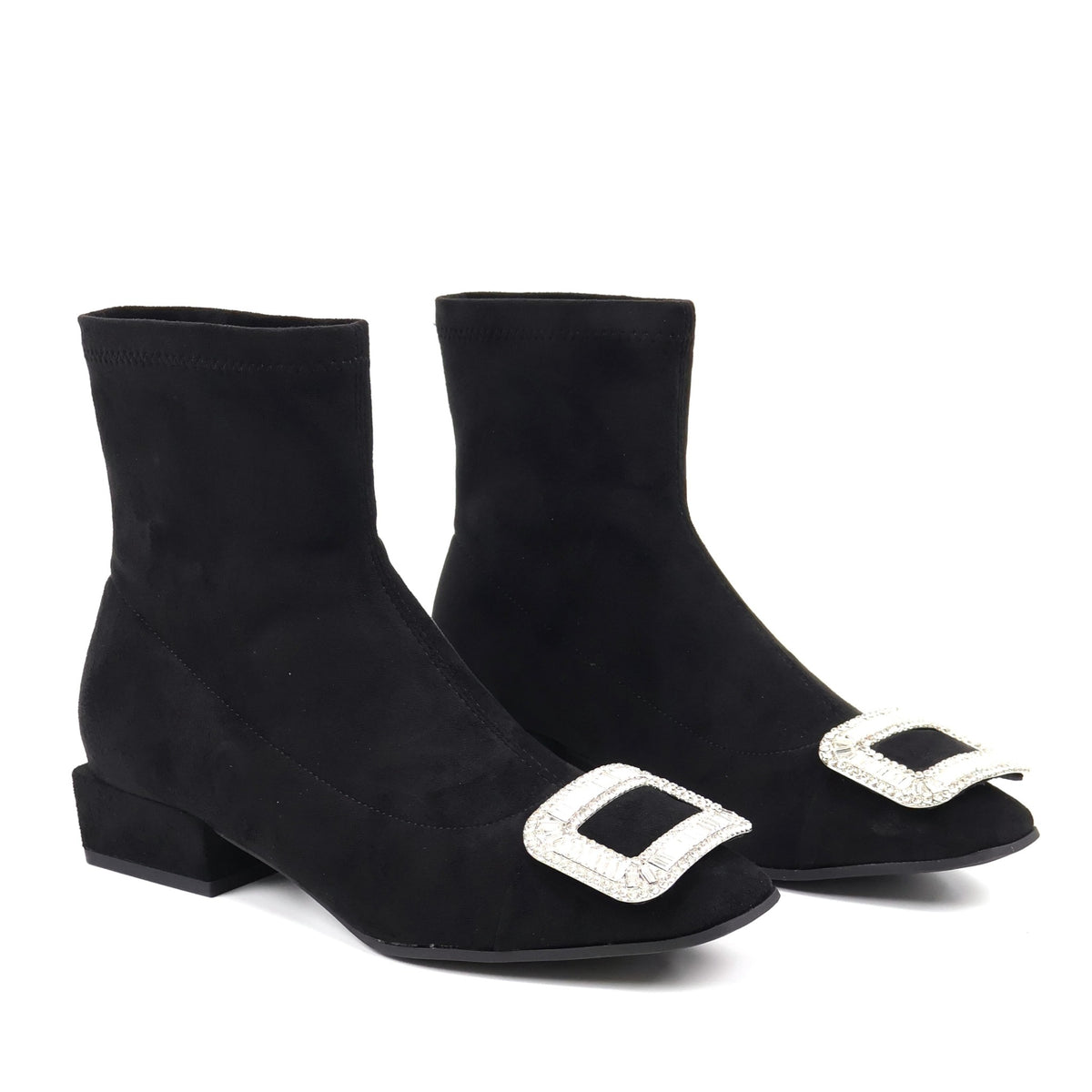 Square-toe rhinestone buckle black ankle boots - product view 3