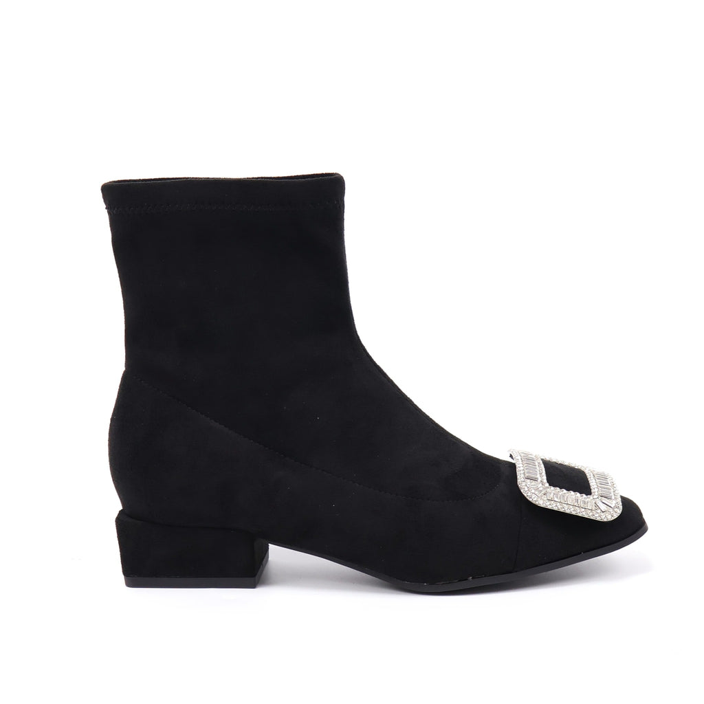 Square-toe rhinestone buckle black ankle boots - product view 4