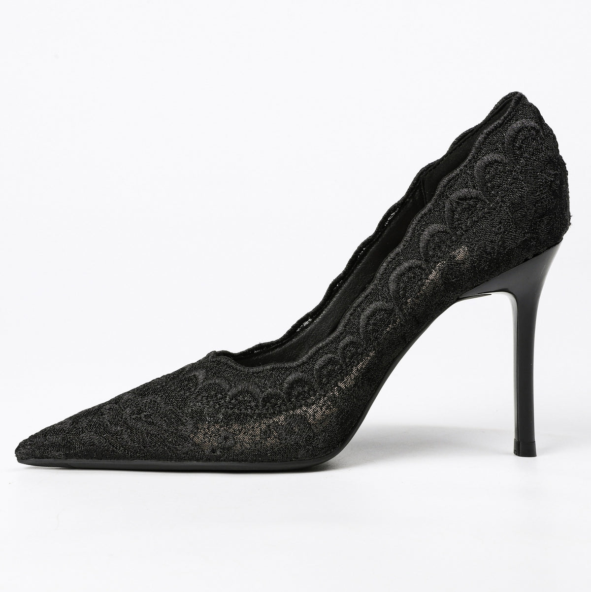 Black floral lace pumps side view
