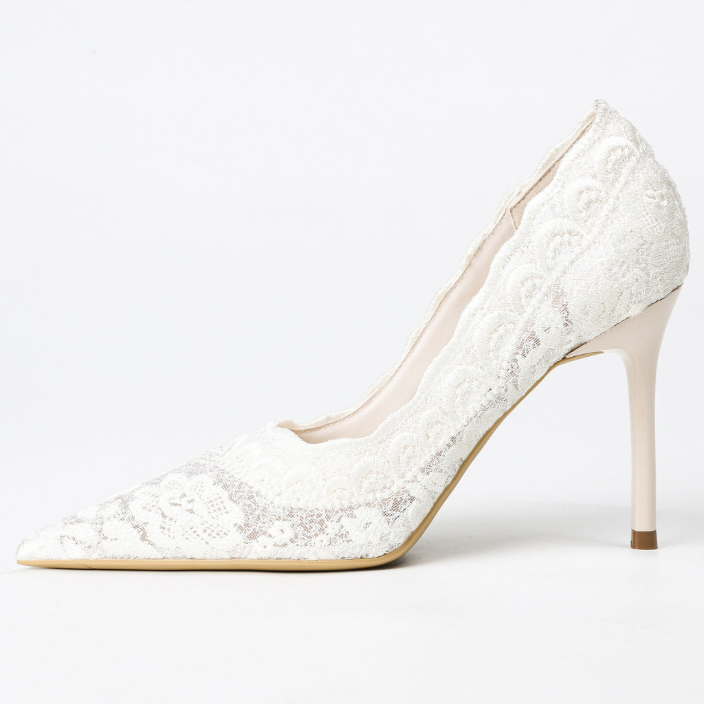 Ivory floral lace pumps side view
