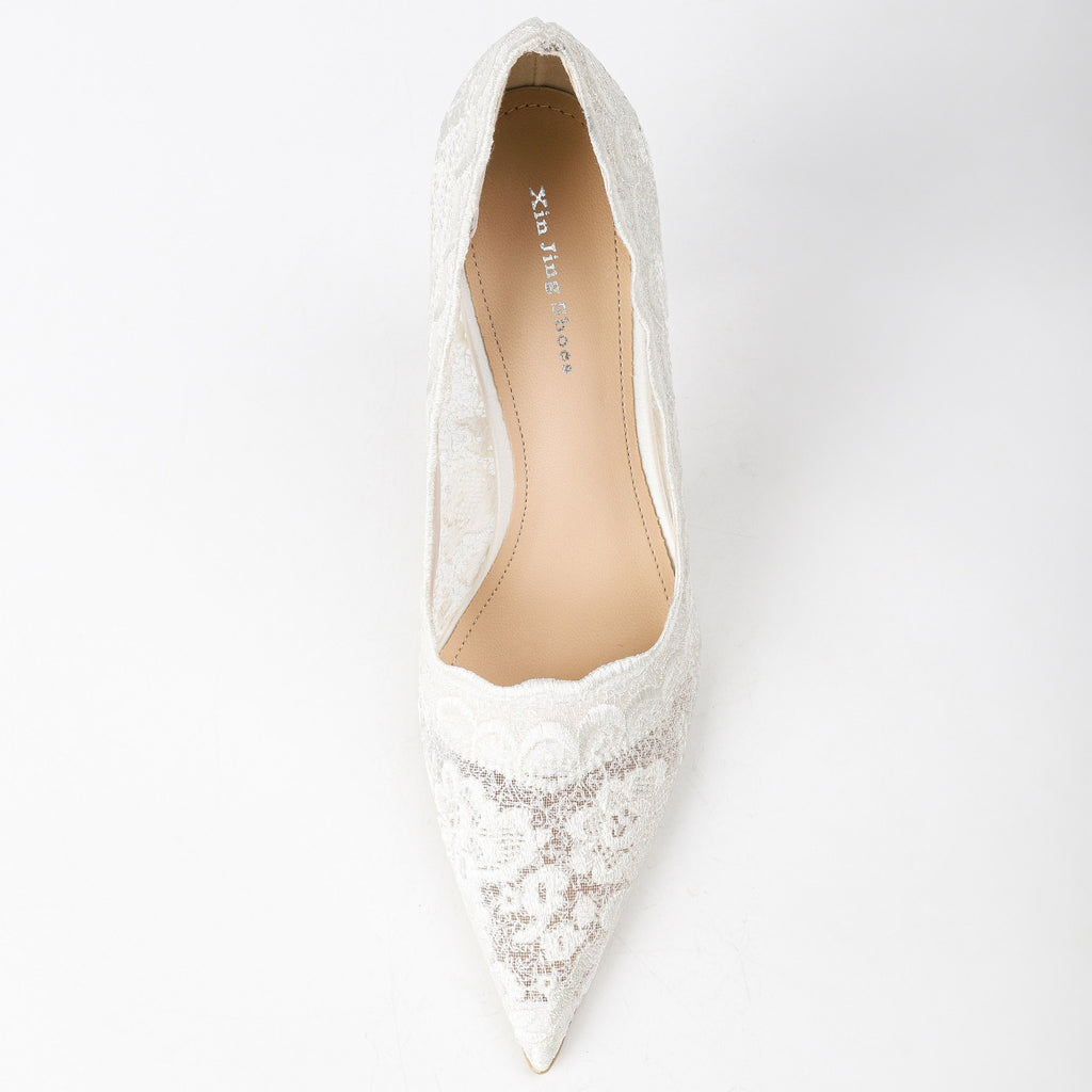 Ivory floral lace pumps top view