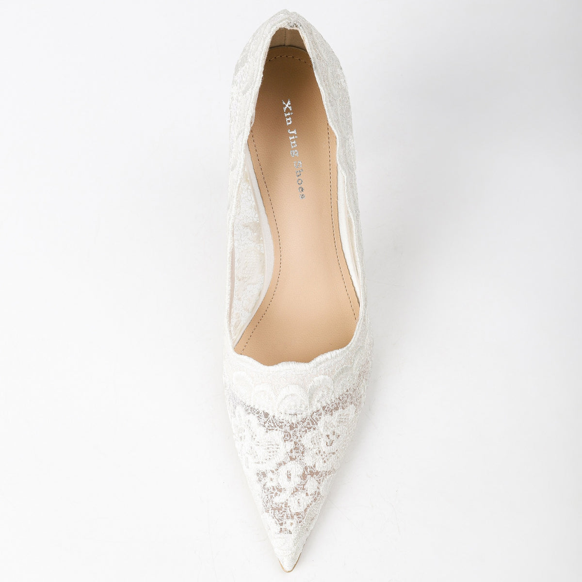Ivory floral lace pumps top view