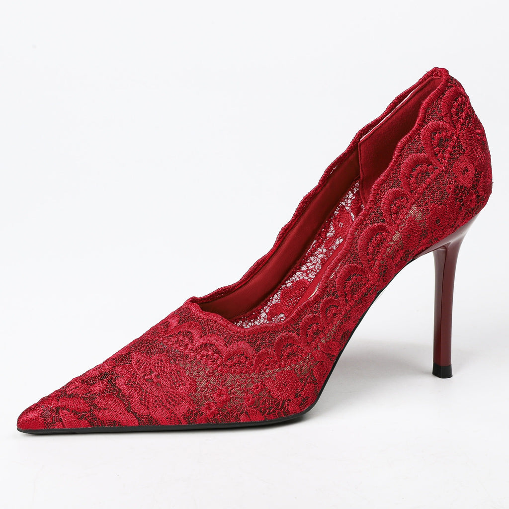 Red floral lace pumps side view
