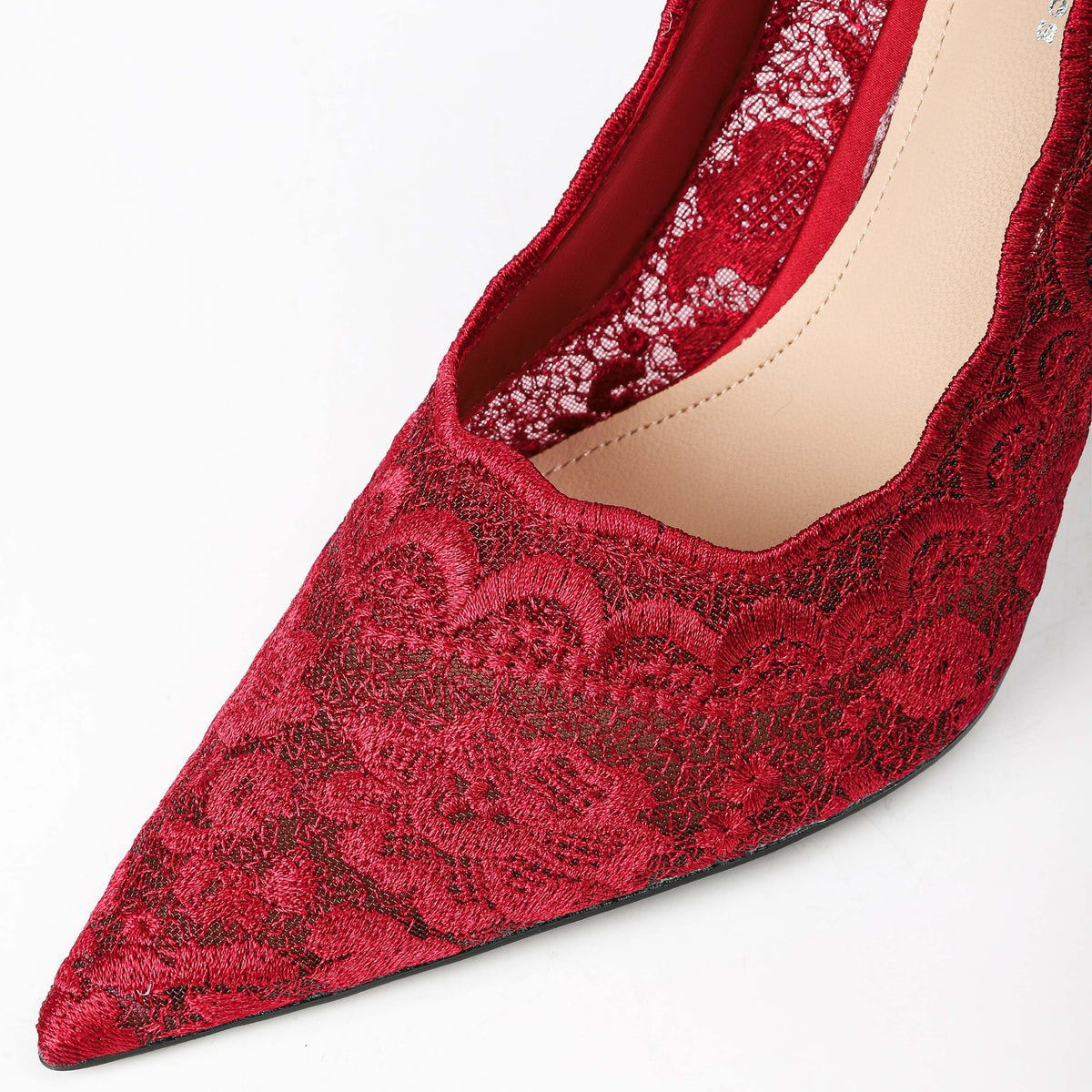 Red floral lace pointed toe detail