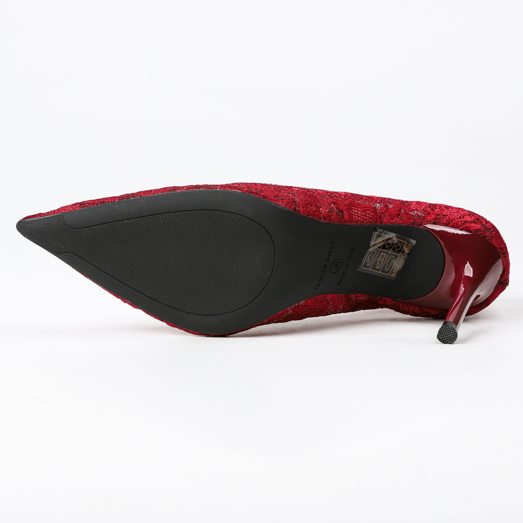 Red lace stiletto pump outsole