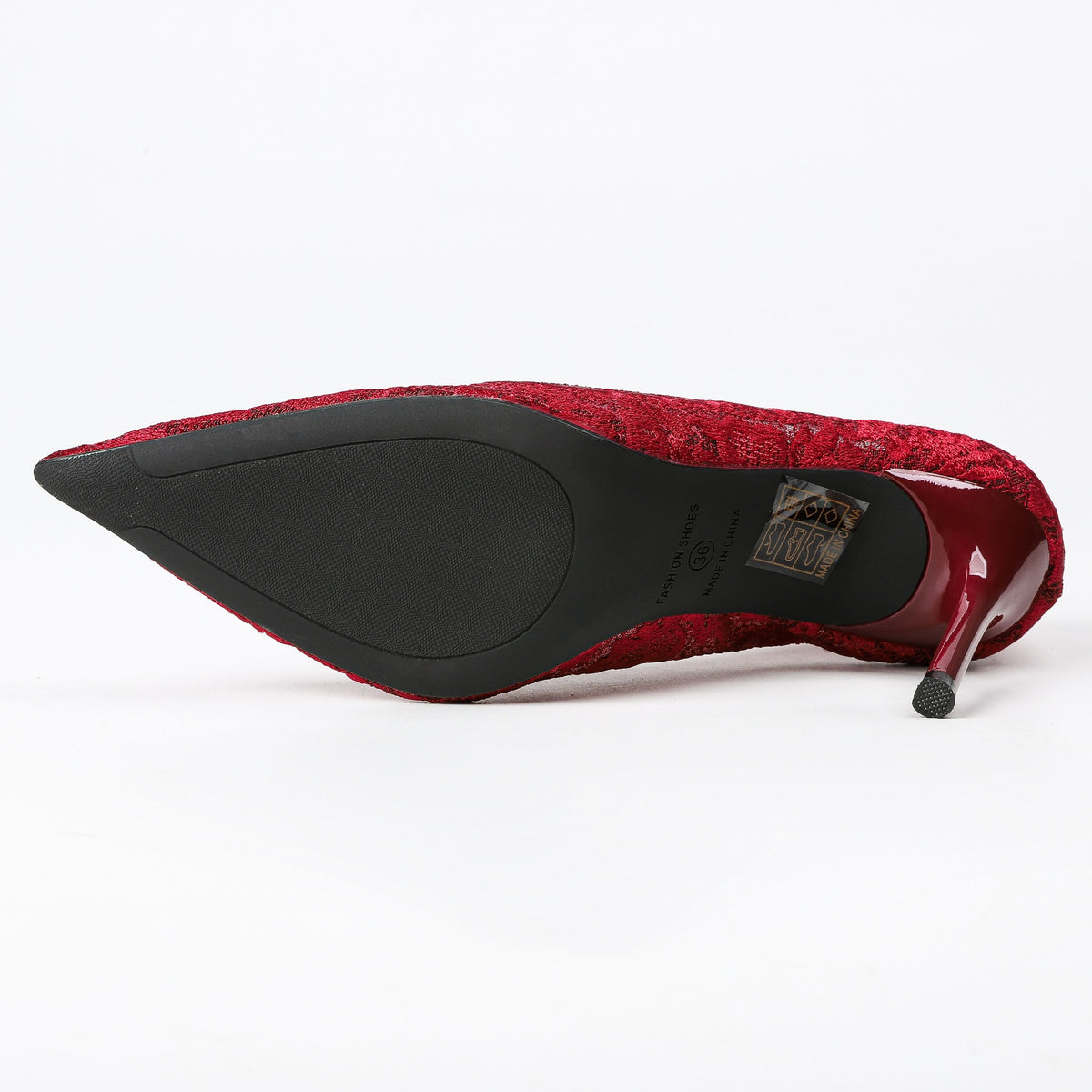 Red lace stiletto pump outsole