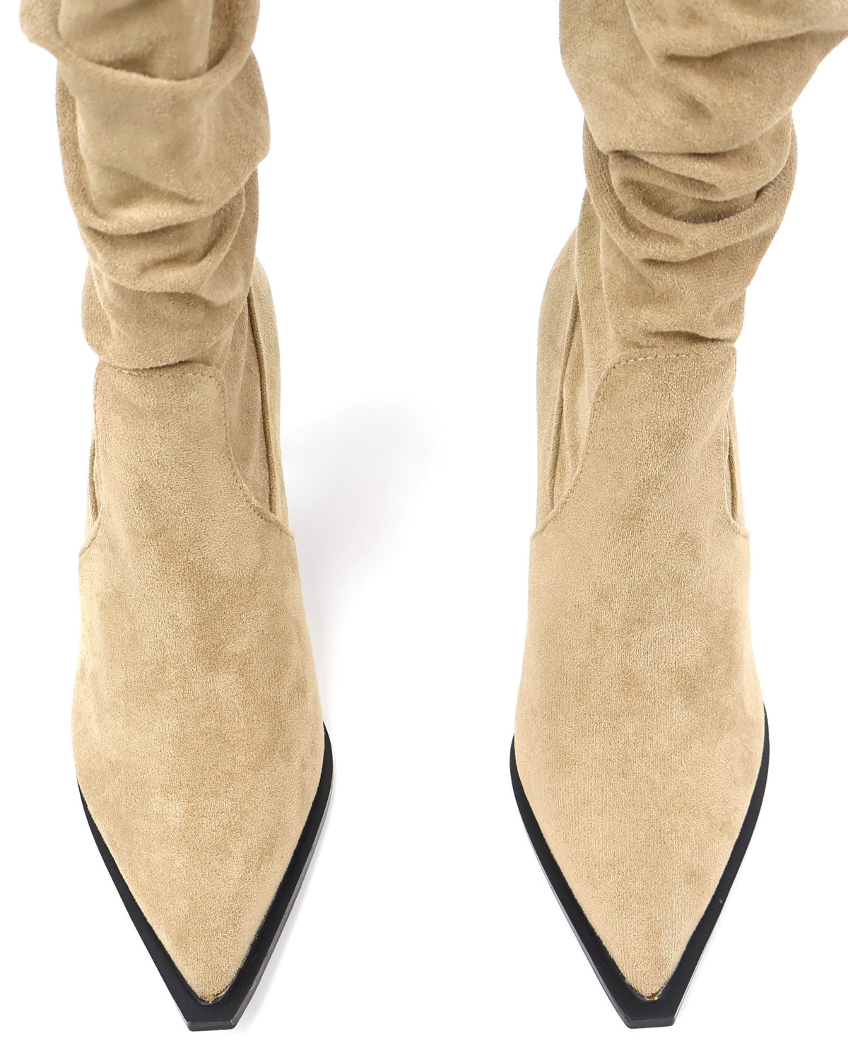 Beige Pointed-Toe Slouchy Stiletto Knee-High Boots - White Background 4