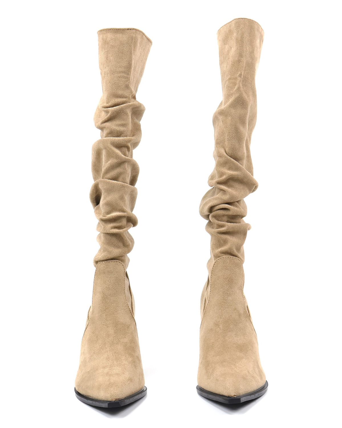 Beige Pointed-Toe Slouchy Stiletto Knee-High Boots - White Background 5