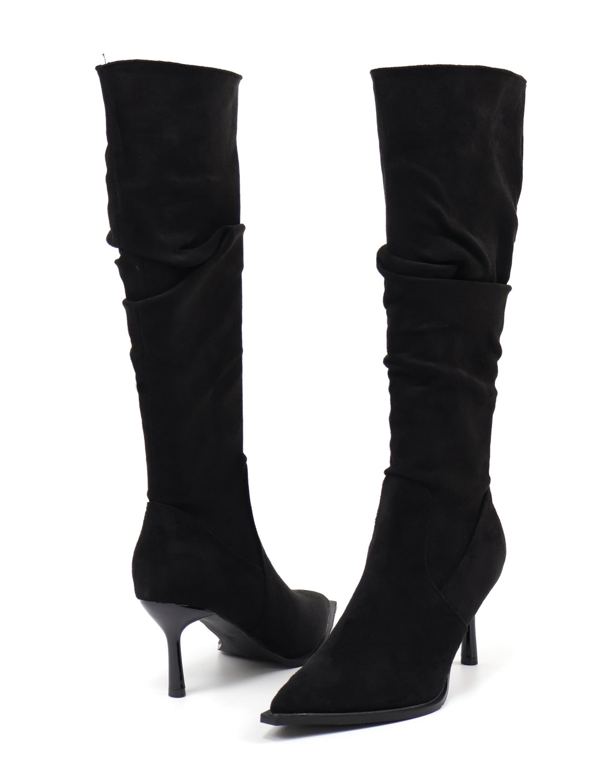 Black Pointed-Toe Slouchy Stiletto Knee-High Boots - White Background 1