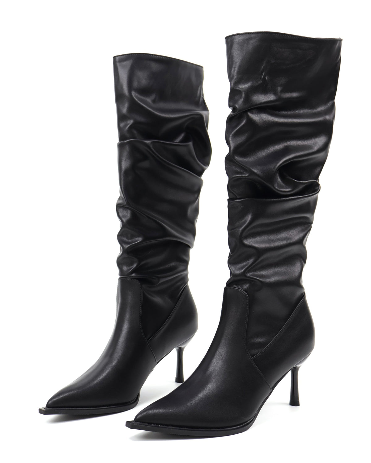 Black pointed-toe slouch knee-high boots - front pair
