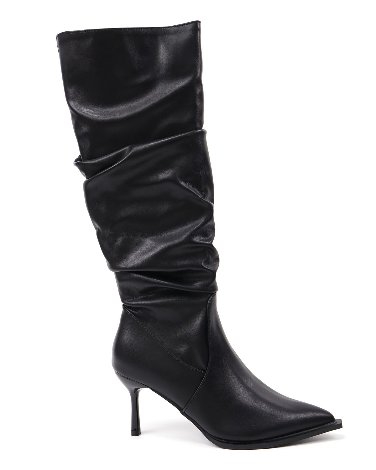 Black pointed-toe slouch knee-high boot - side view