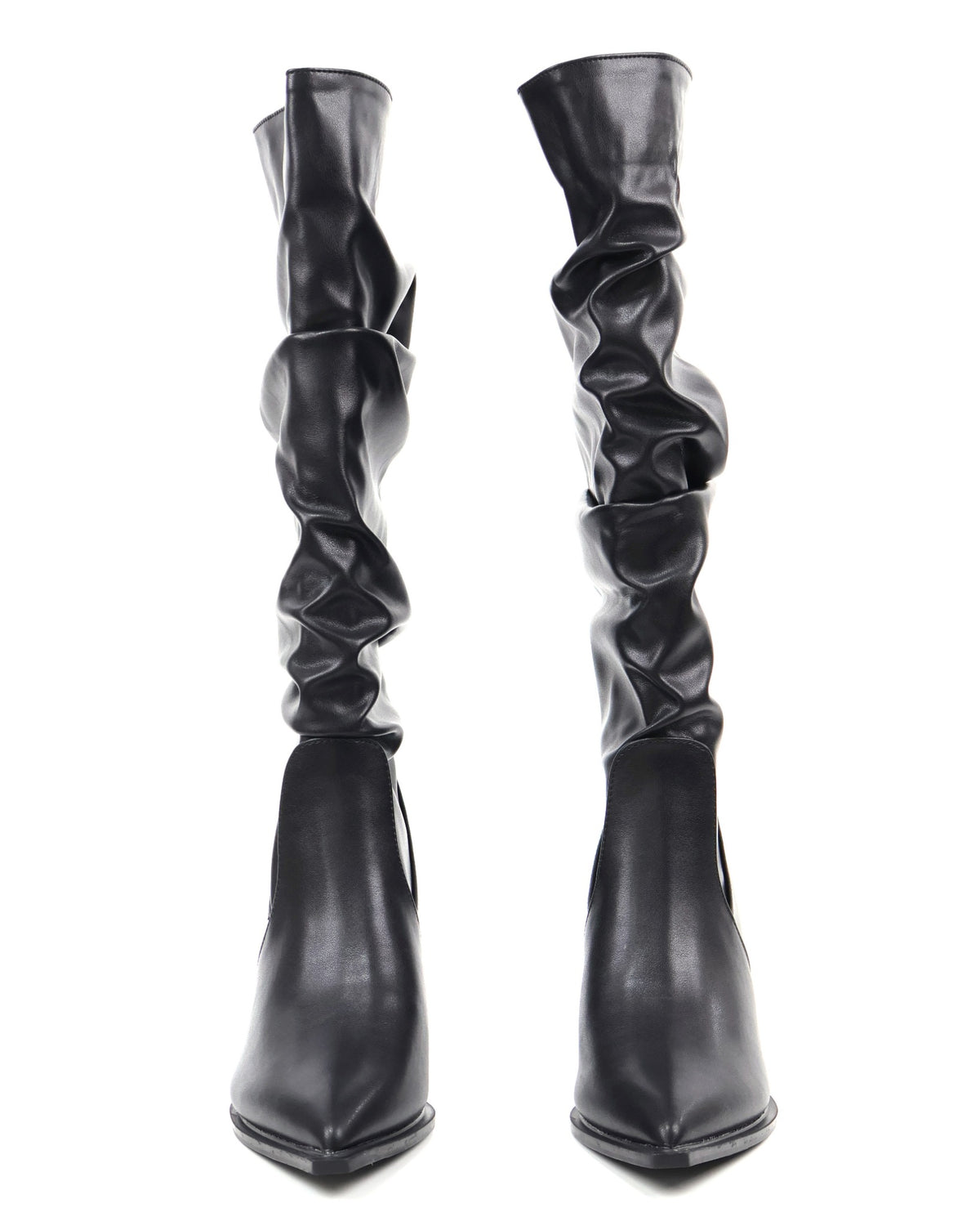 Black pointed-toe slouch knee-high boots - front view