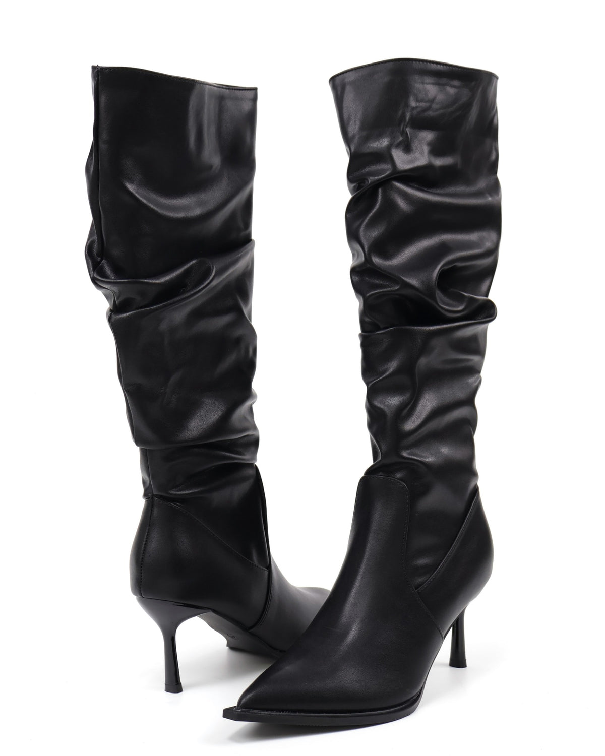 Black pointed-toe slouch knee-high boots - angled pair