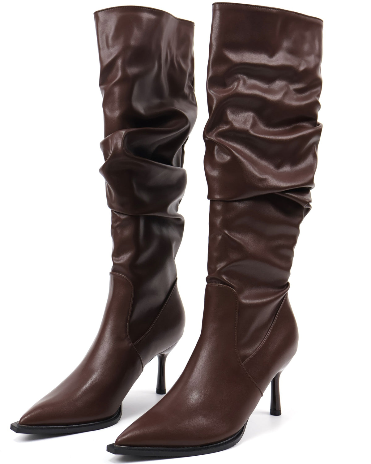Brown pointed-toe slouch knee-high boots - front pair