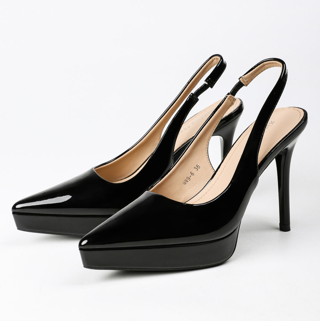Black pointed-toe patent platform slingback stiletto pumps