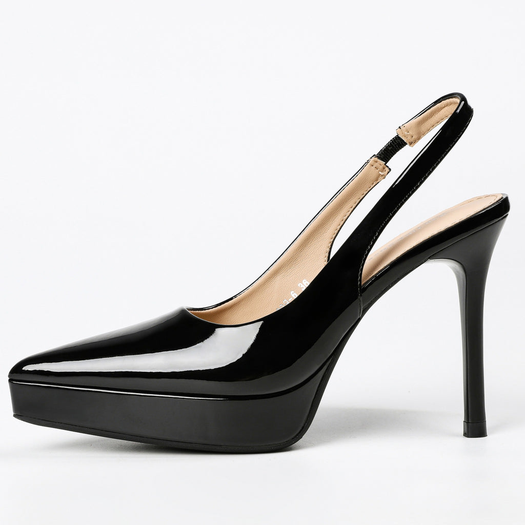 Black pointed-toe slingback pumps side view