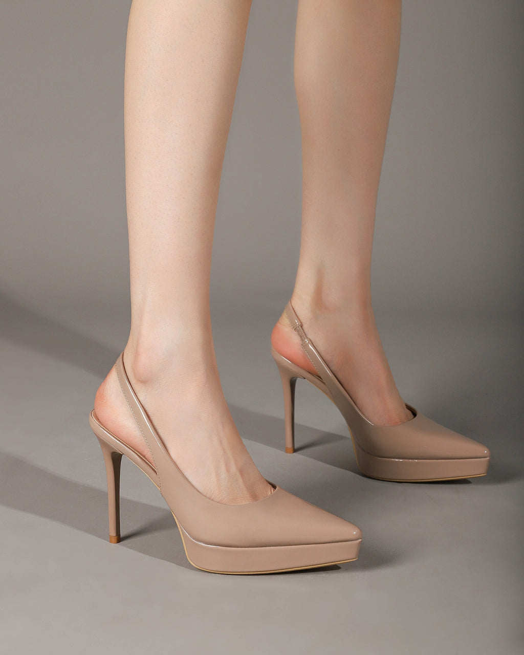 Khaki slingback pumps seated on-foot view